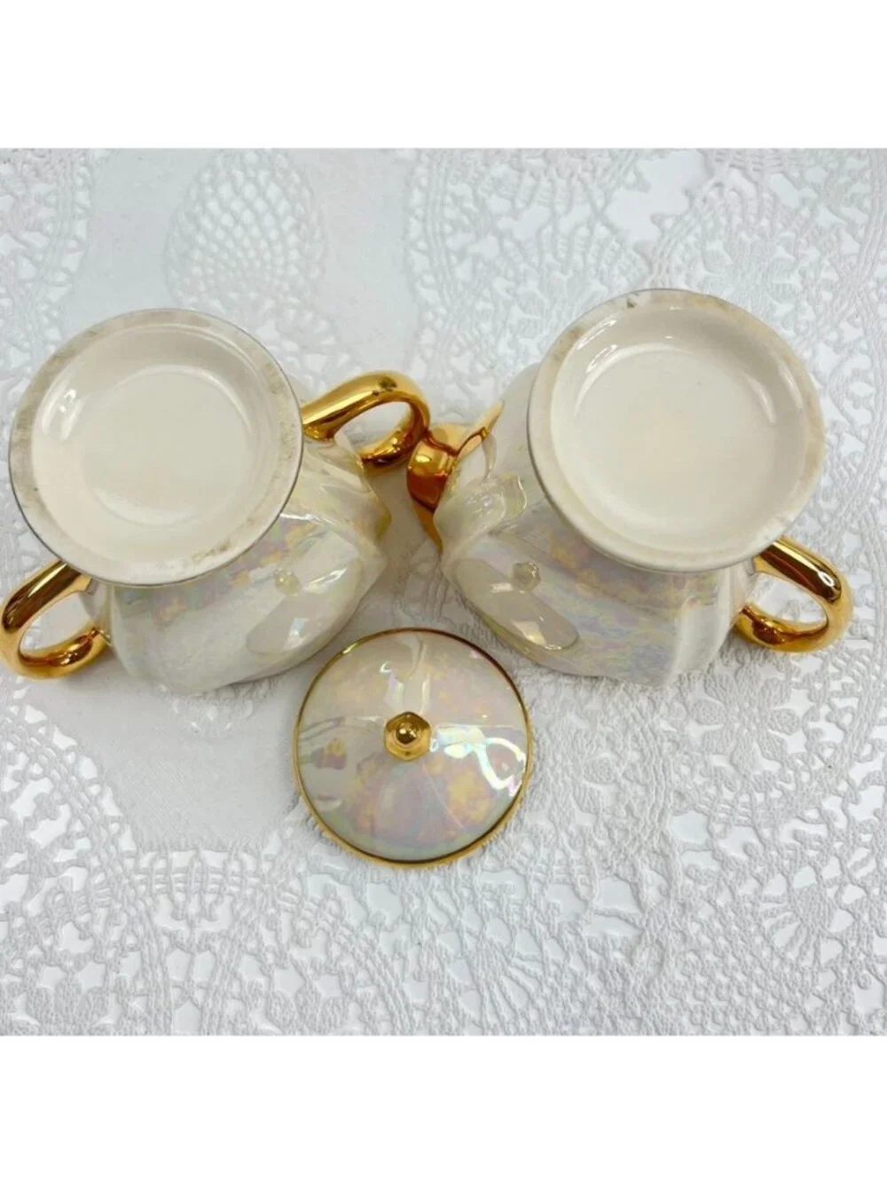 Vintage Cream & Sugar Set Heavy Gold TrimIridescent Pearl MCM